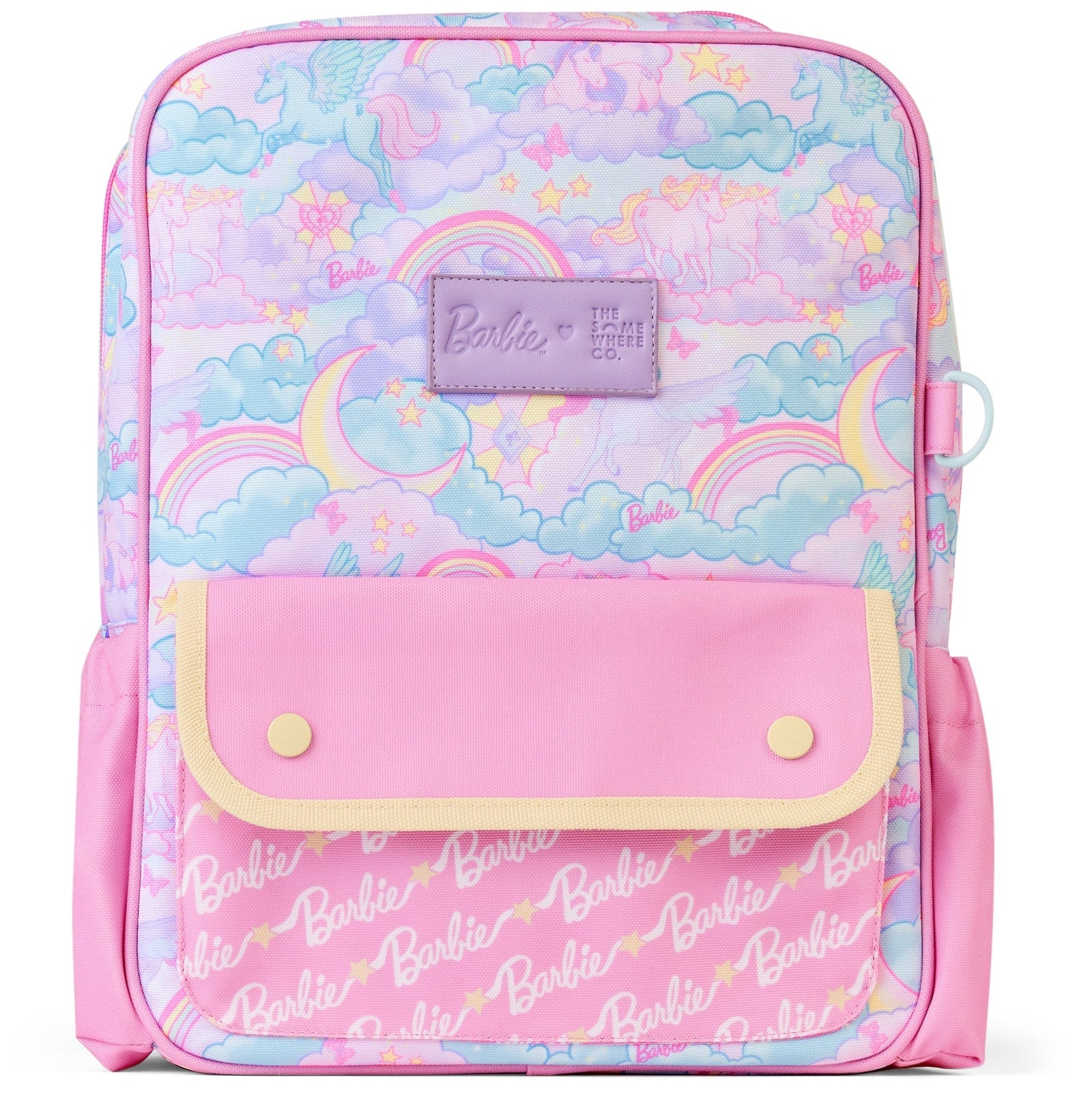 Backpack with pastel rainbow and cloud pattern and pink front pocket featuring Barbie logo.