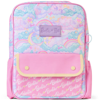 Backpack with pastel rainbow and cloud pattern and pink front pocket featuring Barbie logo.