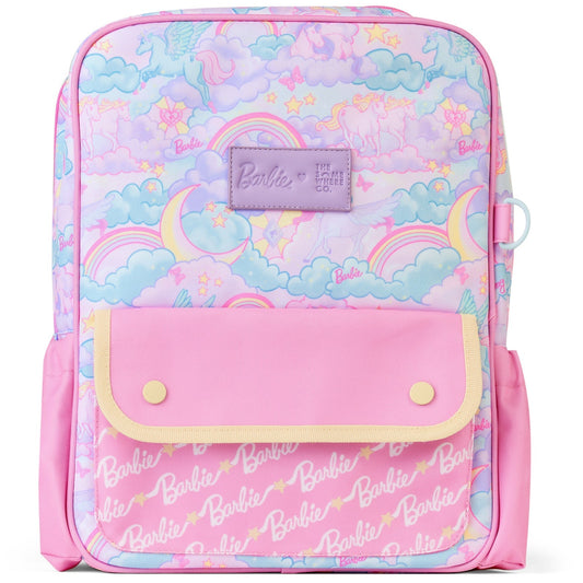 Backpack with pastel rainbow and cloud pattern and pink front pocket featuring Barbie logo.