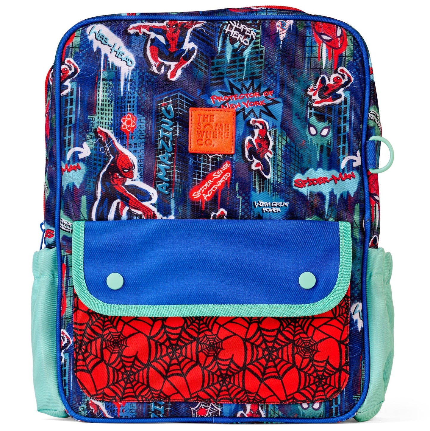 Spider-Man themed backpack with cityscape design on a white background
