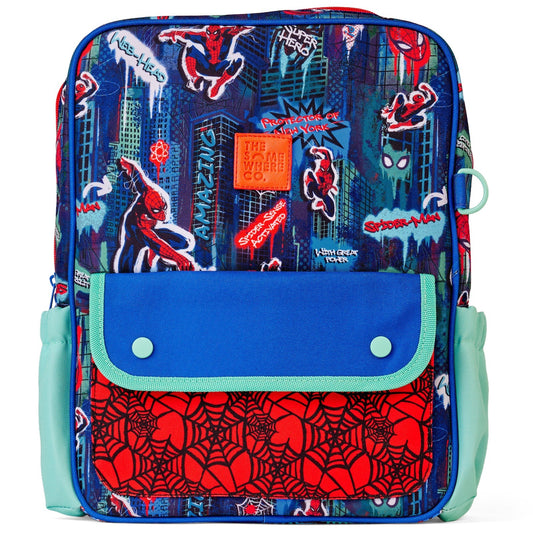 Spider-Man themed backpack with cityscape design on a white background