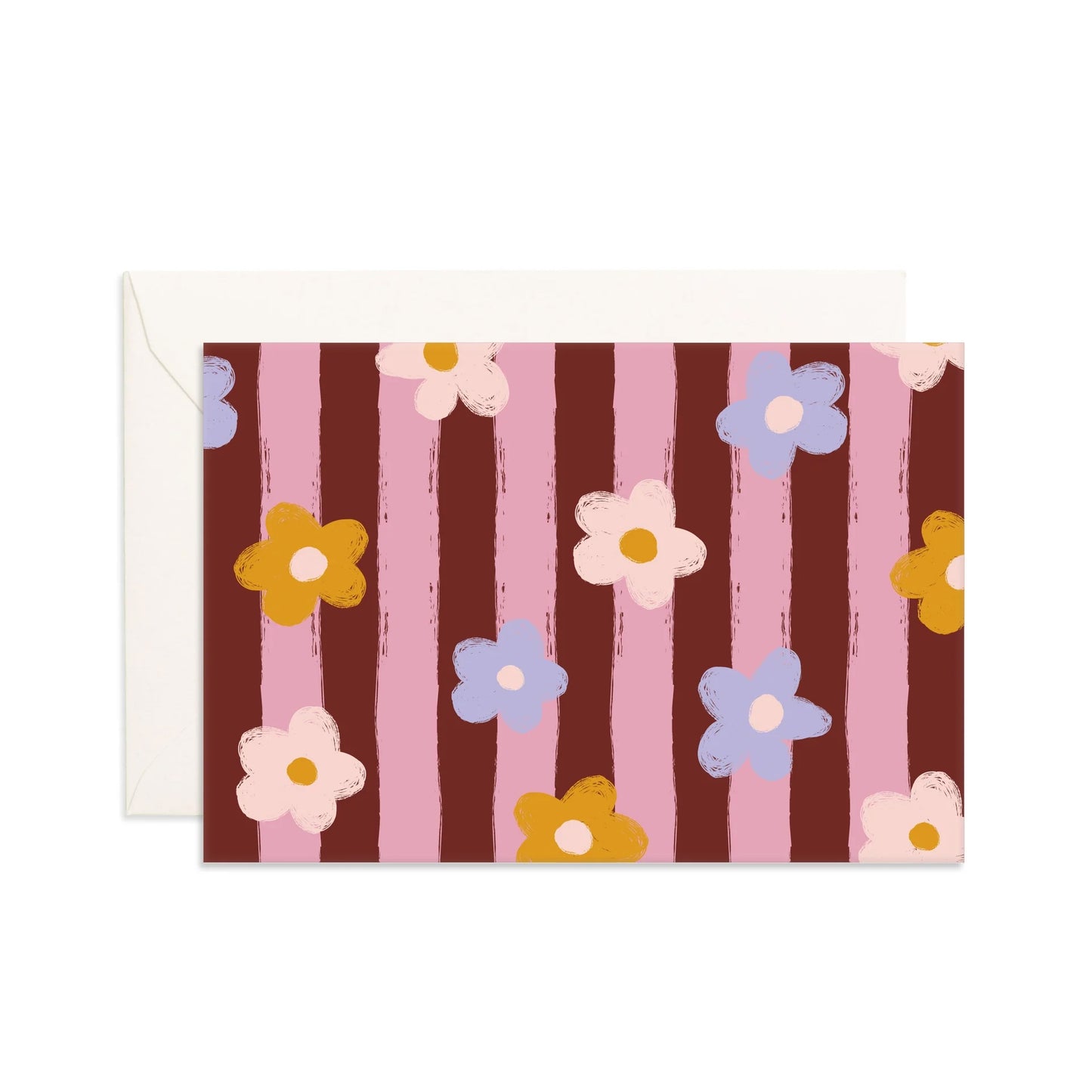 Floral patterned card with striped design on a white background