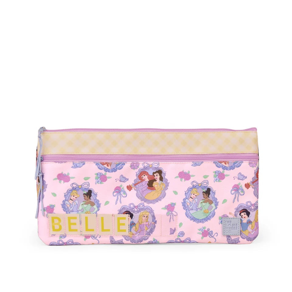 Pink pencil case with princess designs and 'Belle' text on a white background