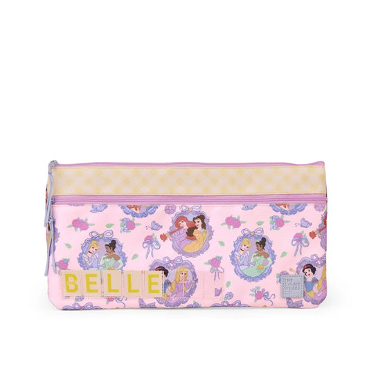 Pink pencil case with princess designs and 'Belle' text on a white background