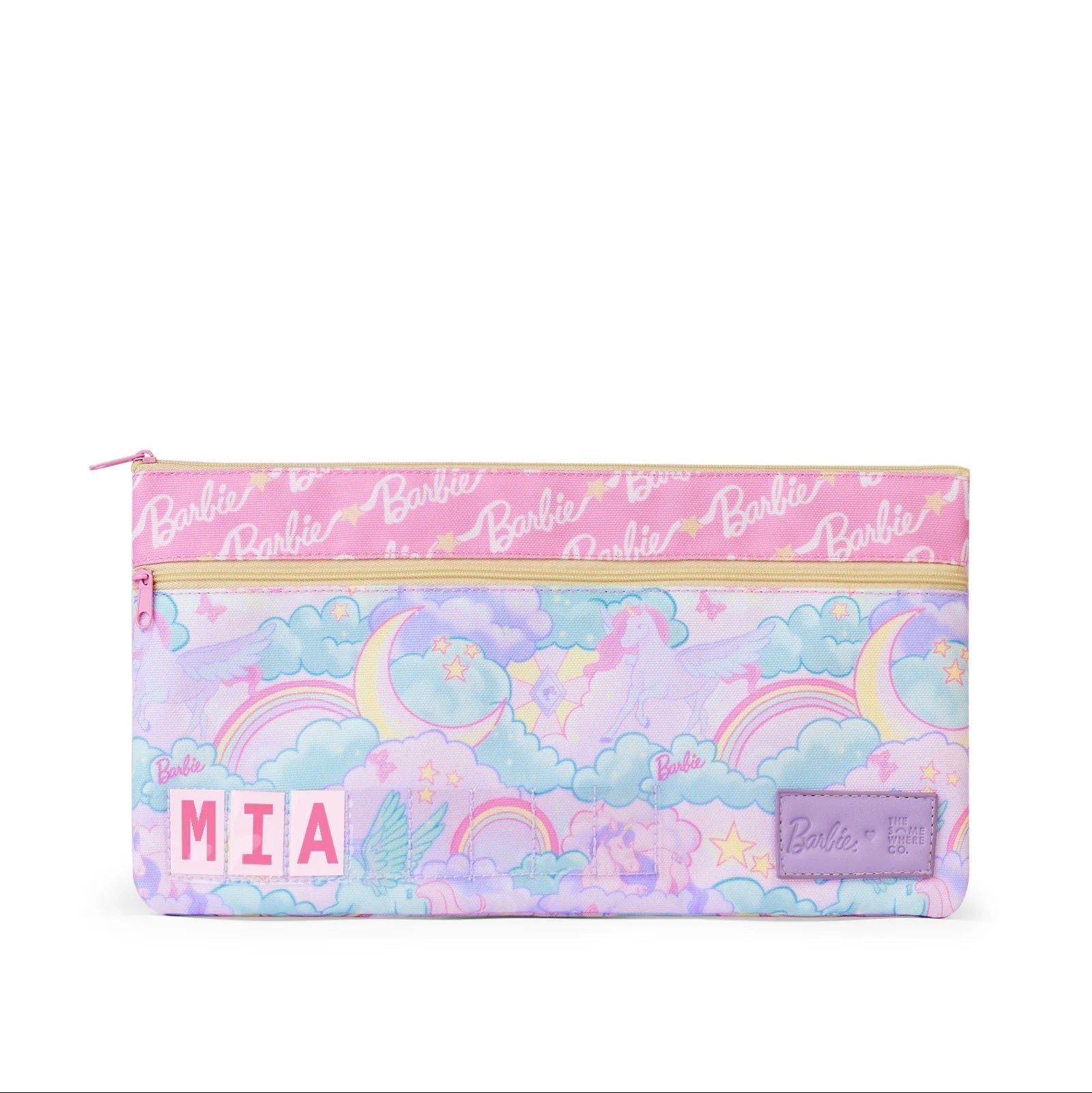 Pastel rainbow and cloud patterned pouch with 'Barbie' branding on a white background