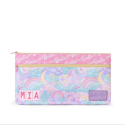 Pastel rainbow and cloud patterned pouch with 'Barbie' branding on a white background