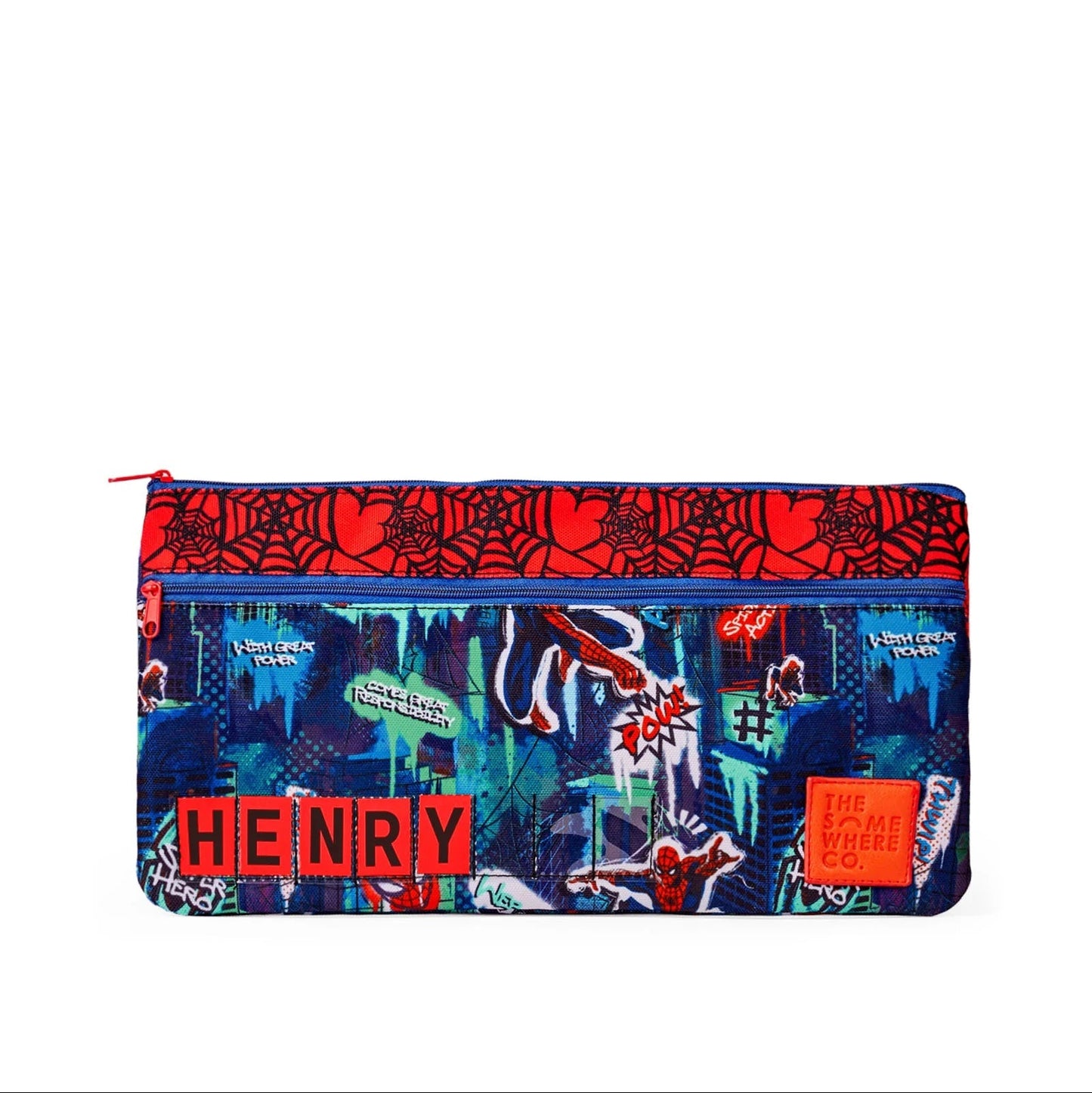 Pencil case with superhero design and 'HENRY' branding on a white background