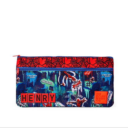 Pencil case with superhero design and 'HENRY' branding on a white background