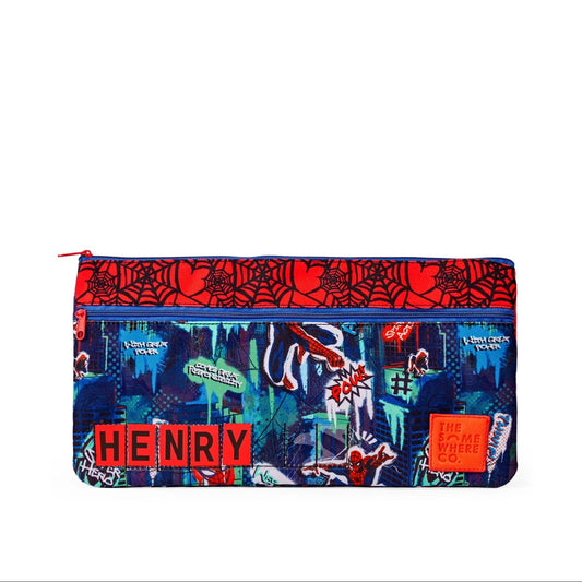 Pencil case with superhero design and 'HENRY' branding on a white background