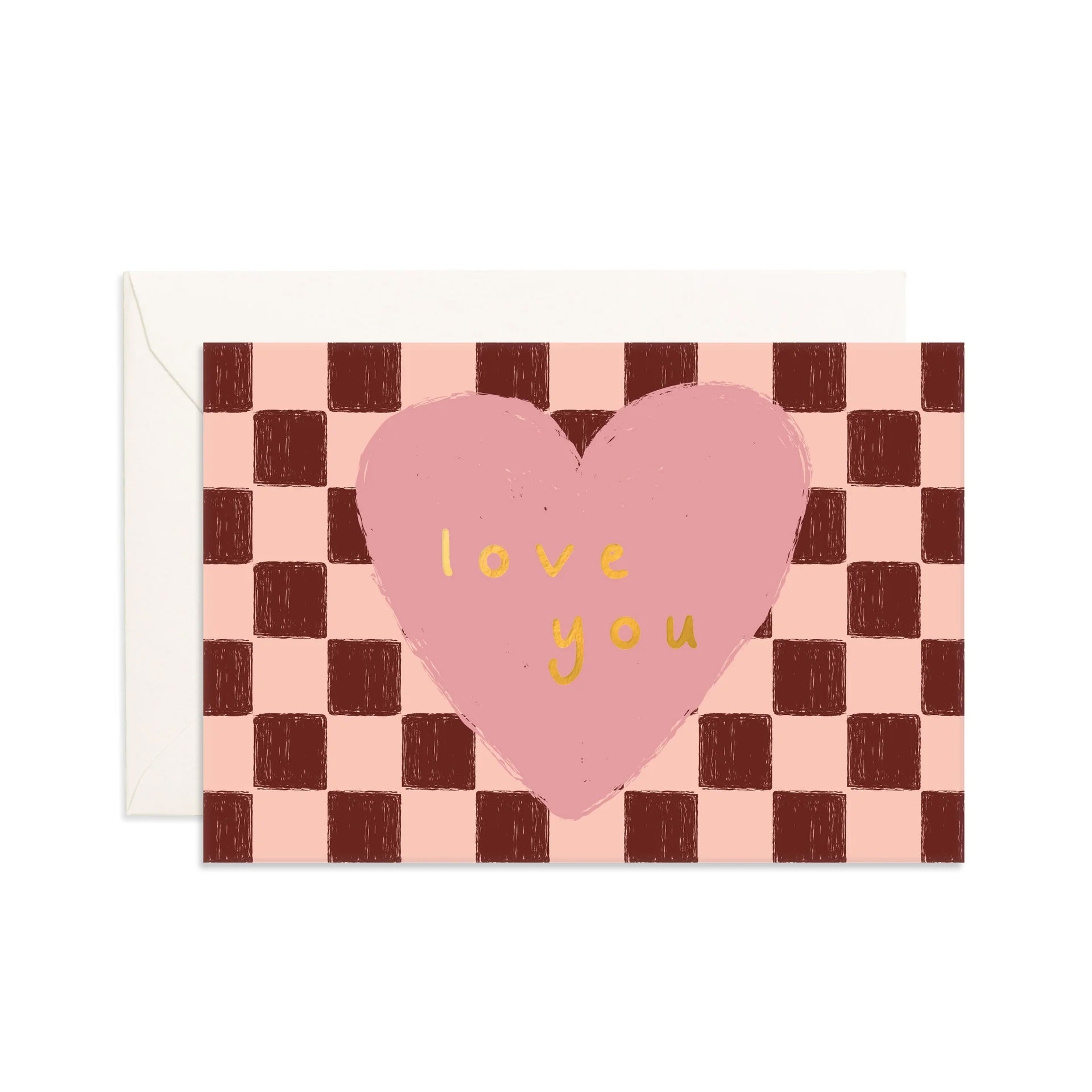 Greeting card with a pink heart and 'love you' text on a checkered background
