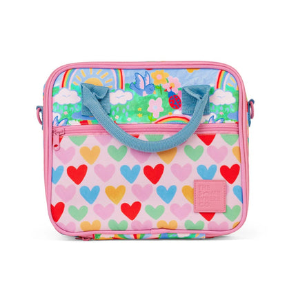 Colorful children's bag with heart pattern and rainbow design on a white background