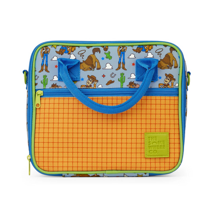 Children's lunch bag with cartoon character pattern on a white background