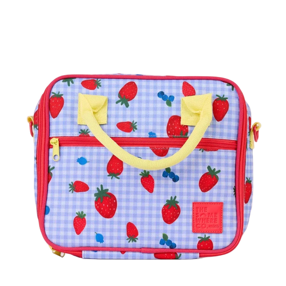  insulated lunch bag with strawberry pattern on a light gray background