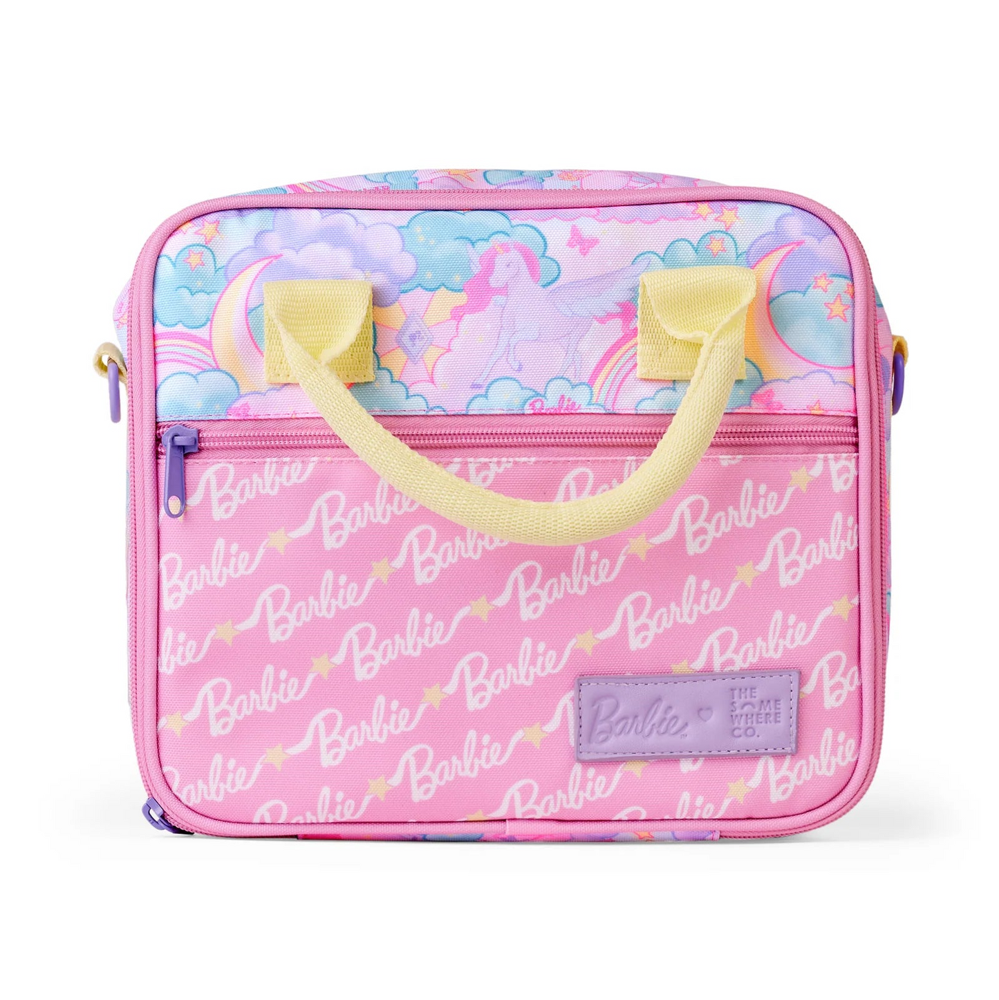 Pink Barbie-themed bag with colorful design on a white background