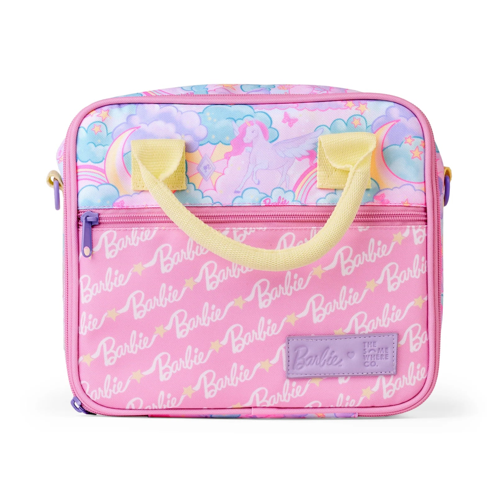Pink Barbie-themed bag with colorful design on a white background