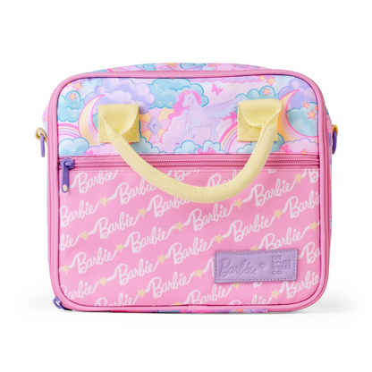 Pink Barbie-themed bag with colorful design on a white background