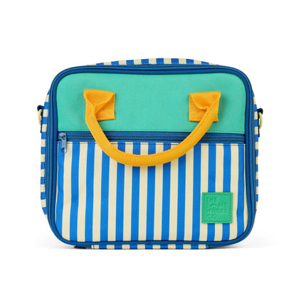 Colorful striped bag with a yellow handle on a white background