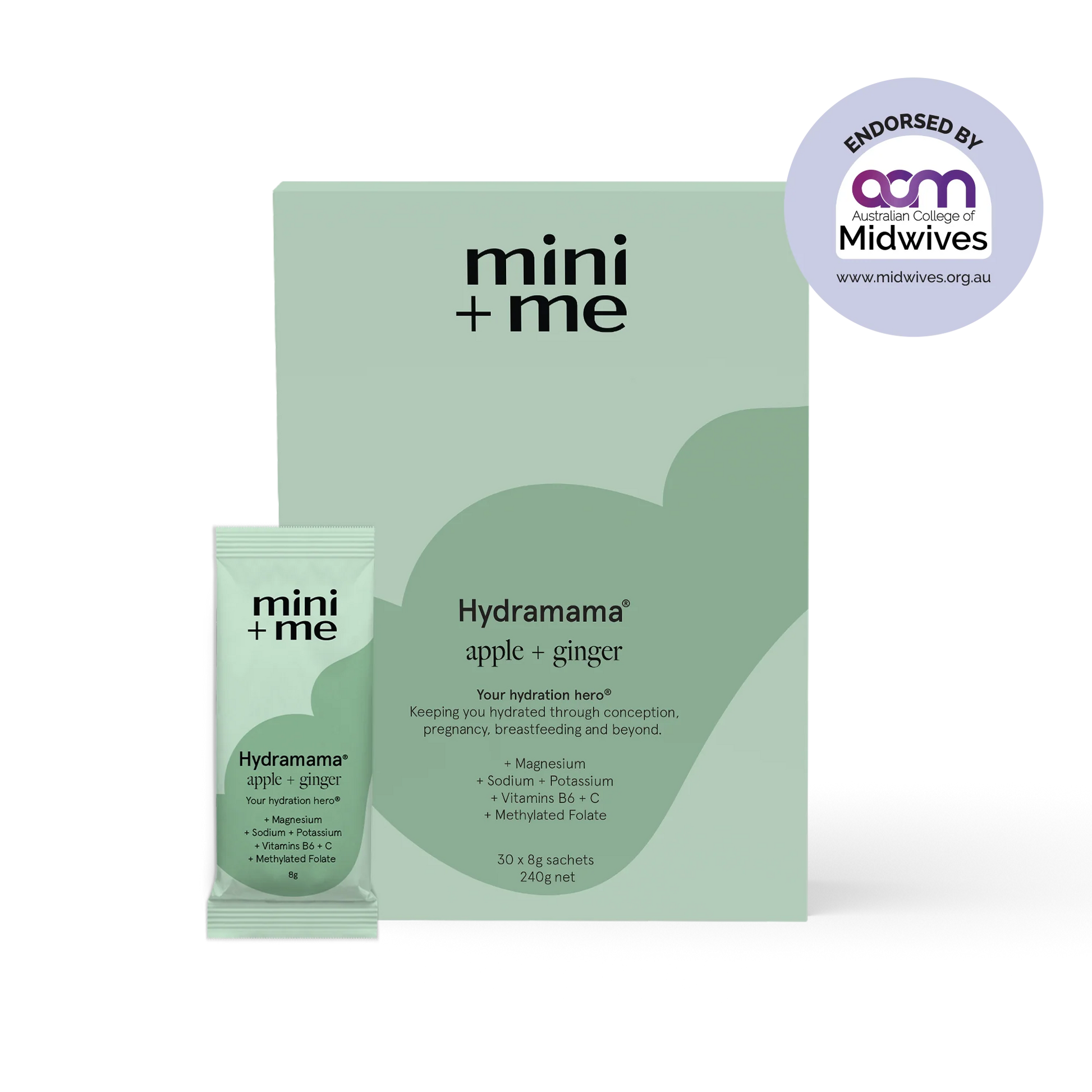 Green packaging of mini + me Hydramama with a small packet on a white background, endorsed by ACM Midwives.