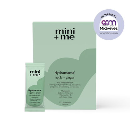 Green packaging of mini + me Hydramama with a small packet on a white background, endorsed by ACM Midwives.