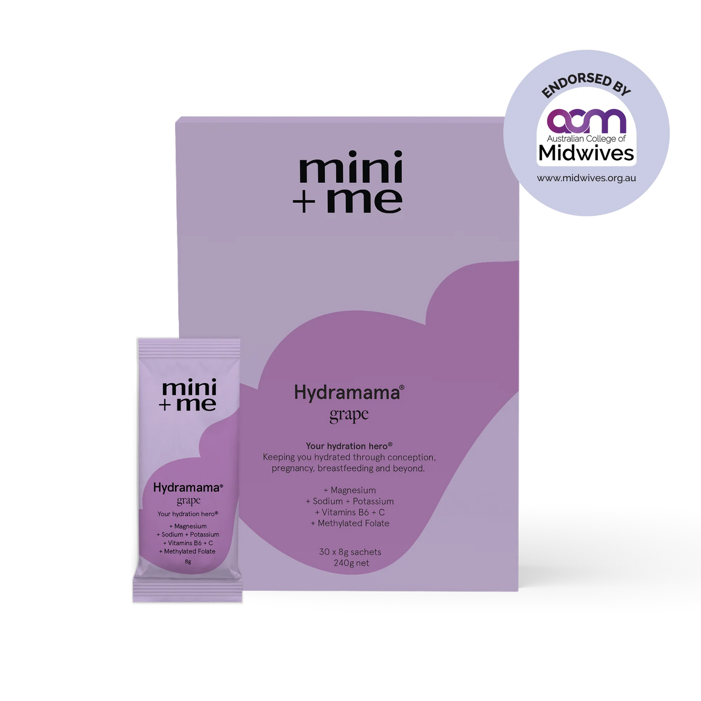 Purple packaging of mini+me Hydramama grape with a small sachet on a white background