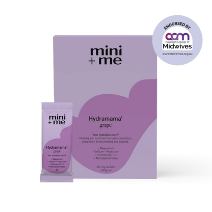 Purple packaging of mini+me Hydramama grape with a small sachet on a white background