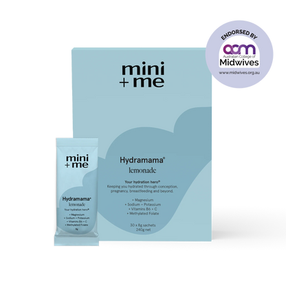 Hydramama lemonade packaging with 'mini + me' branding and endorsement by ACM Midwives on a white background.