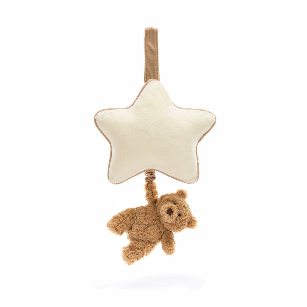 Star-shaped hanging toy with a small teddy bear attached on a white background