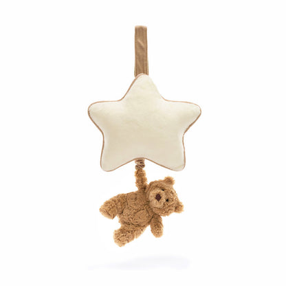 Star-shaped hanging toy with a small teddy bear attached on a white background