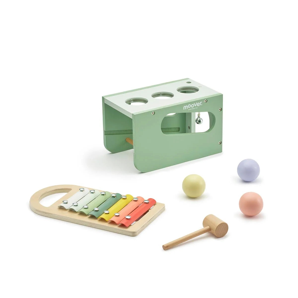 Children's musical toy set with xylophone, balls, and mallet on a white background