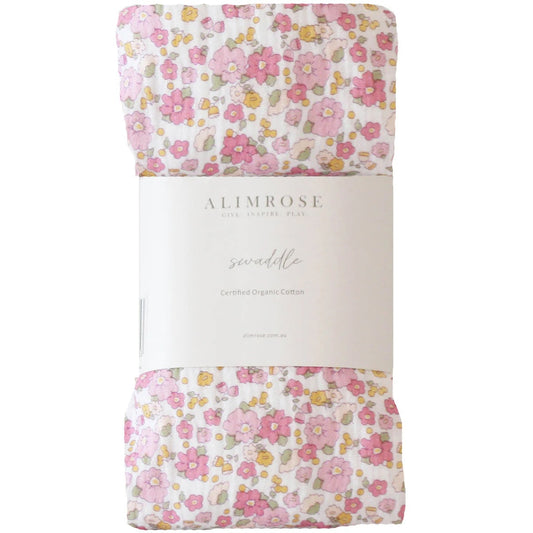 Floral-patterned swaddle blanket with 'Alimrose' branding on a white background