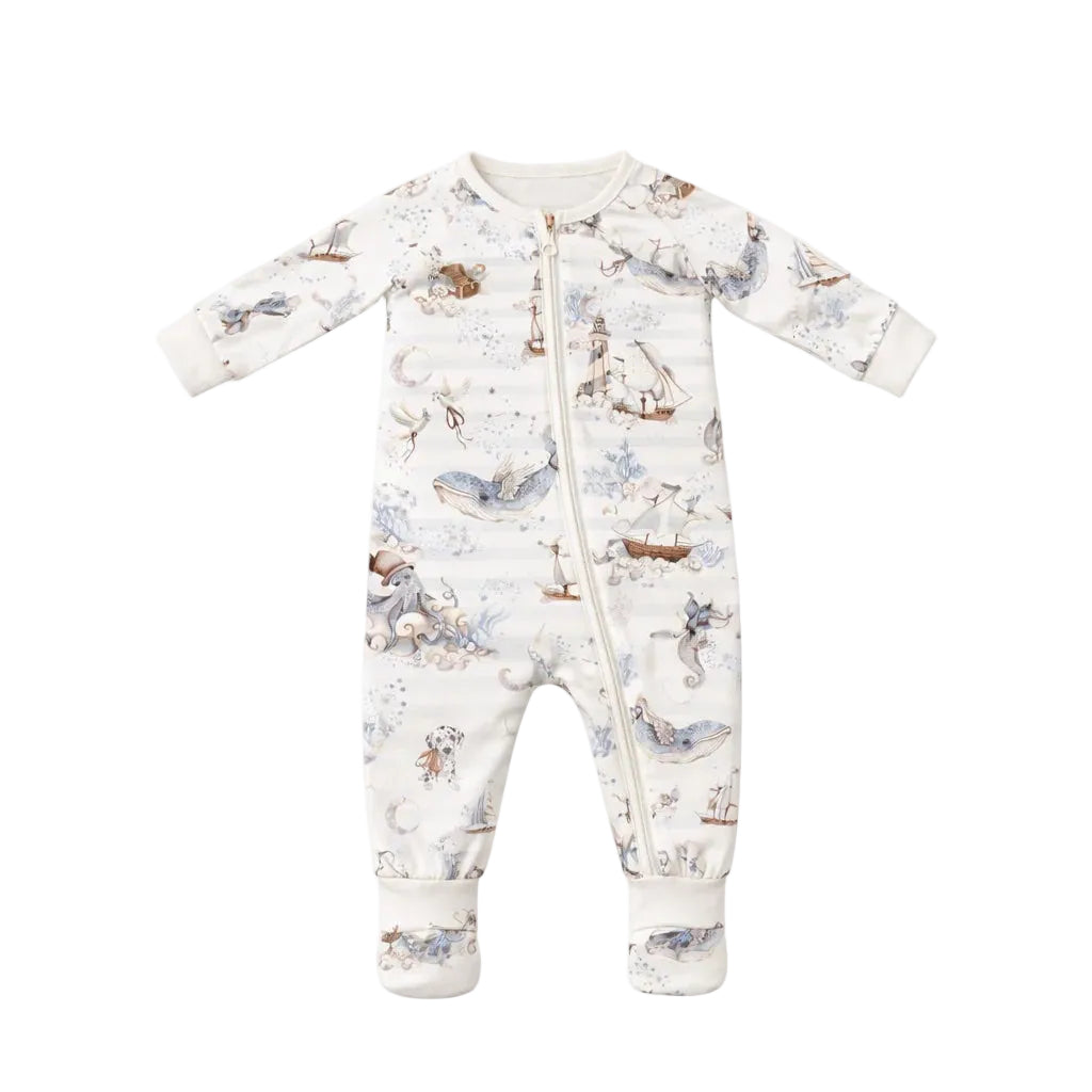 Baby onesie with animal print on a white background