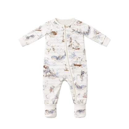 Baby onesie with animal print on a white background