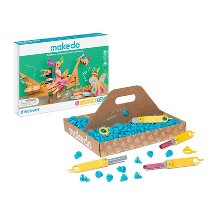 Makedo construction set with packaging on a white background