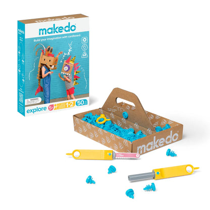 Makedo cardboard construction kit with packaging and tools on a white background