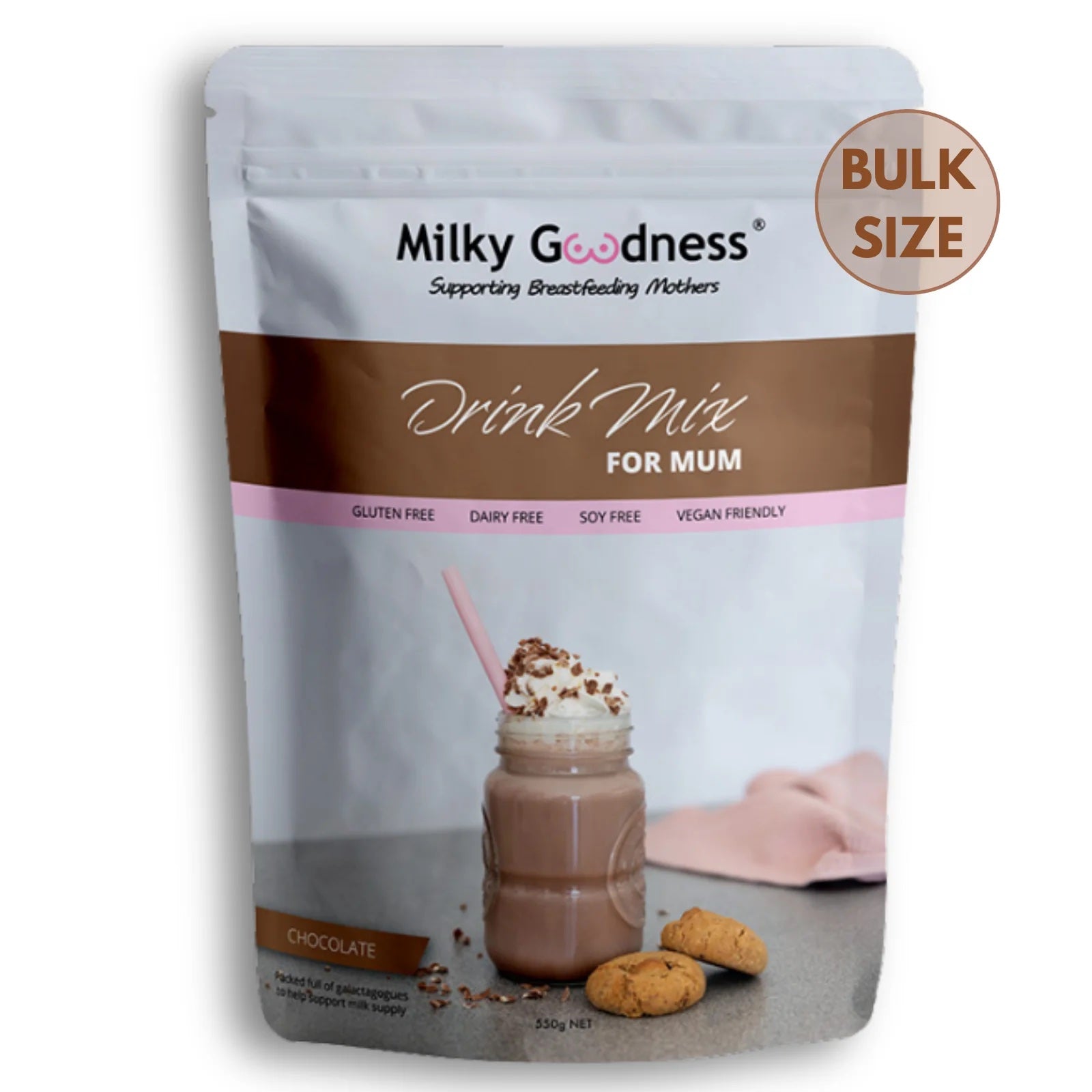 Milky Goodness drink mix package for mum with a bulk size label.