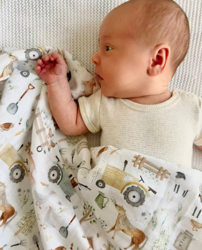 Mini and Me Bamboo Muslin Swaddle - Farm Life