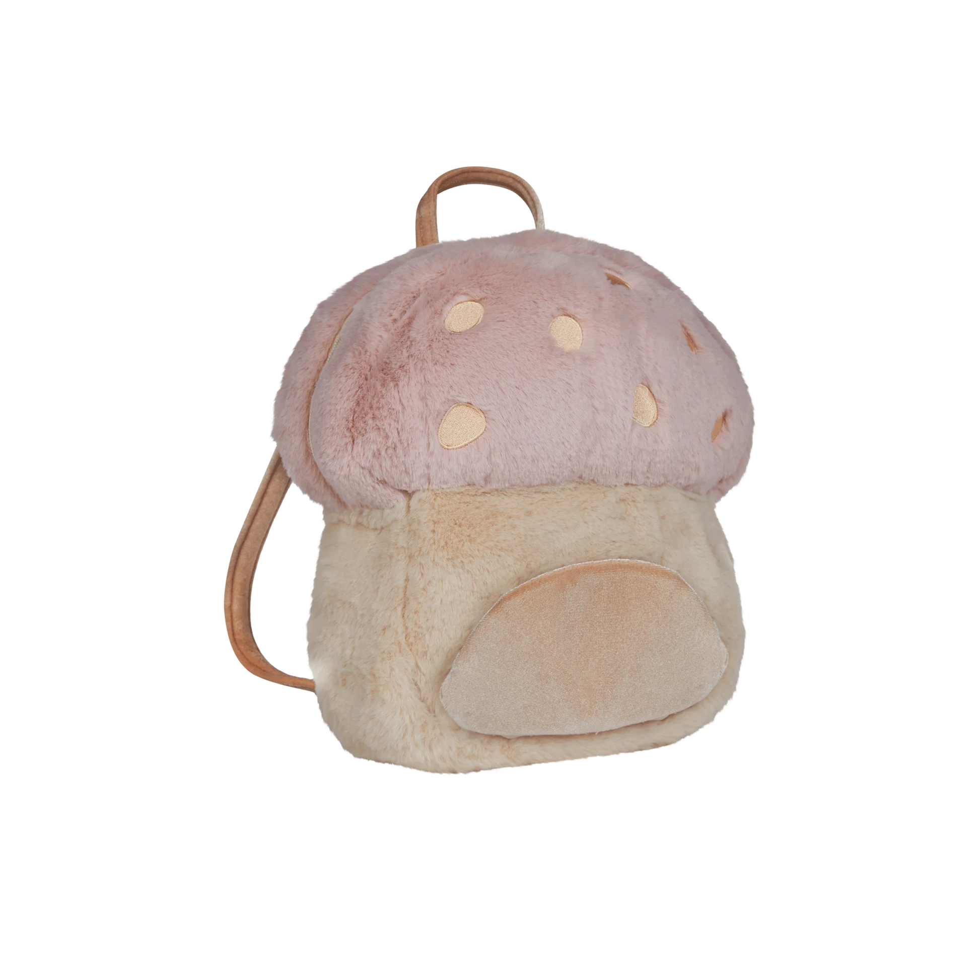 Mushroom-shaped plush backpack with pink cap and beige stem on a white background
