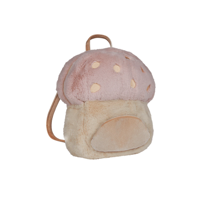 Mushroom-shaped plush backpack with pink cap and beige stem on a white background