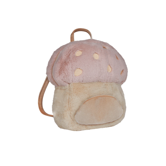 Mushroom-shaped plush backpack with pink cap and beige stem on a white background