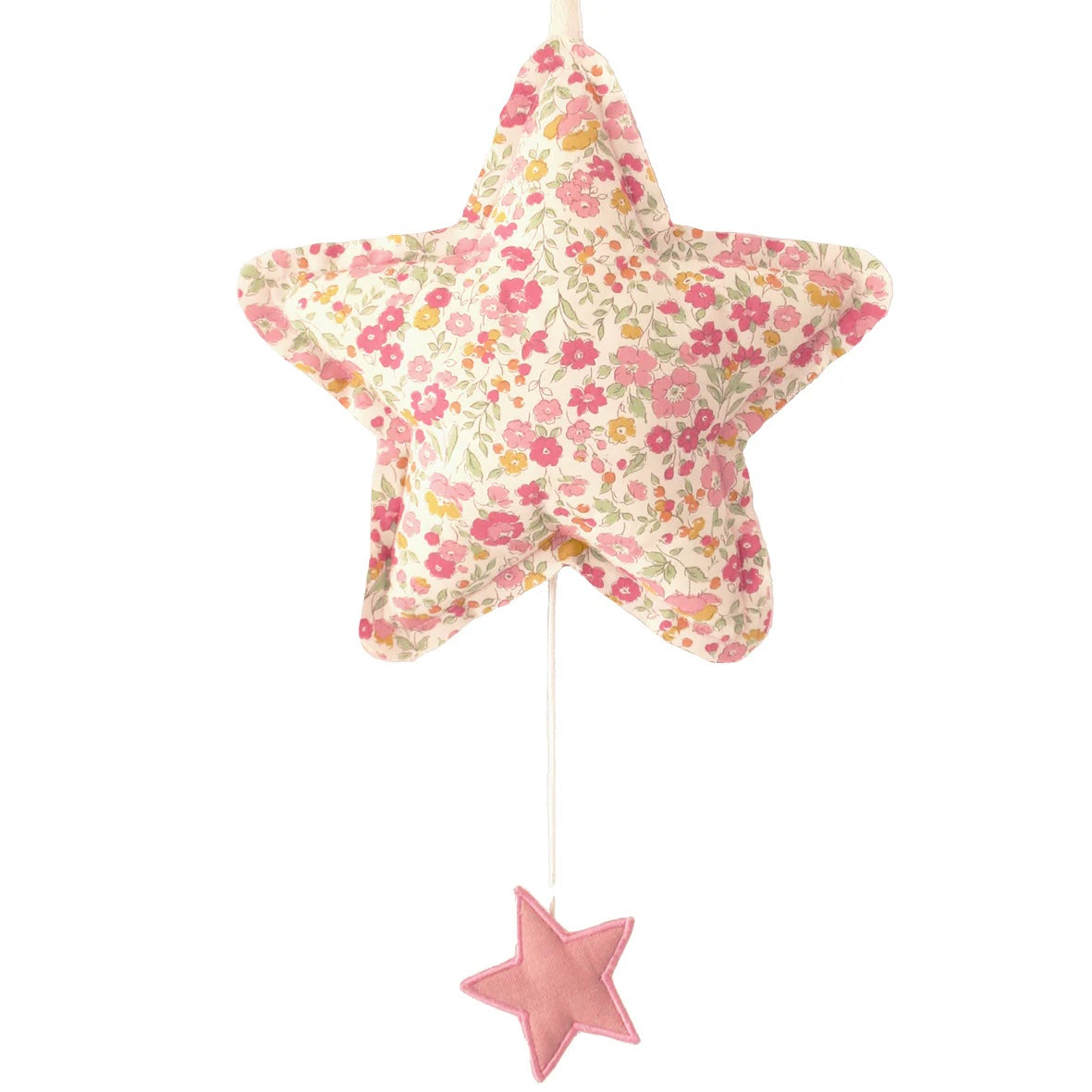 Floral-patterned star-shaped decoration with a pink star on a white background