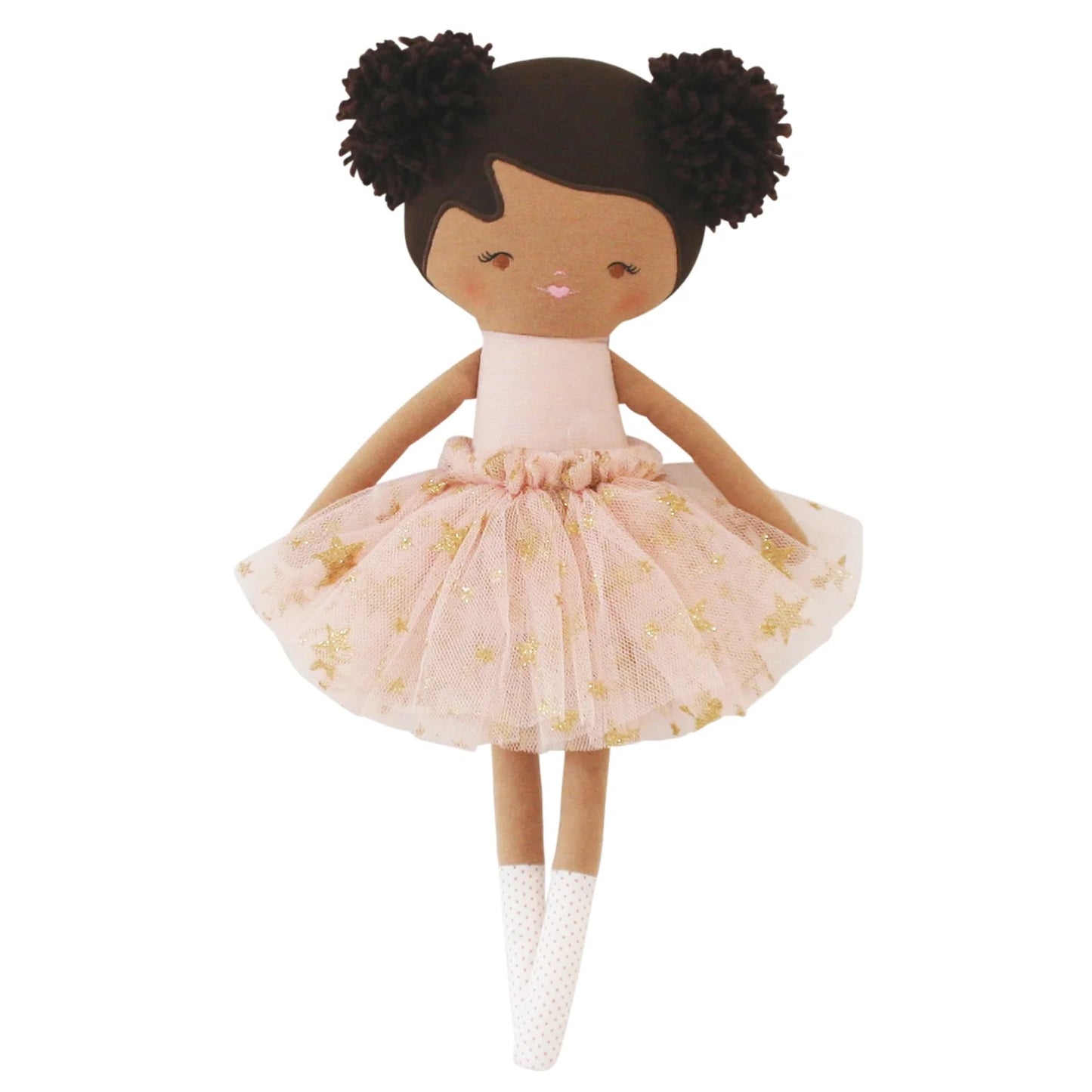 Doll with a pink dress and white shoes on a white background