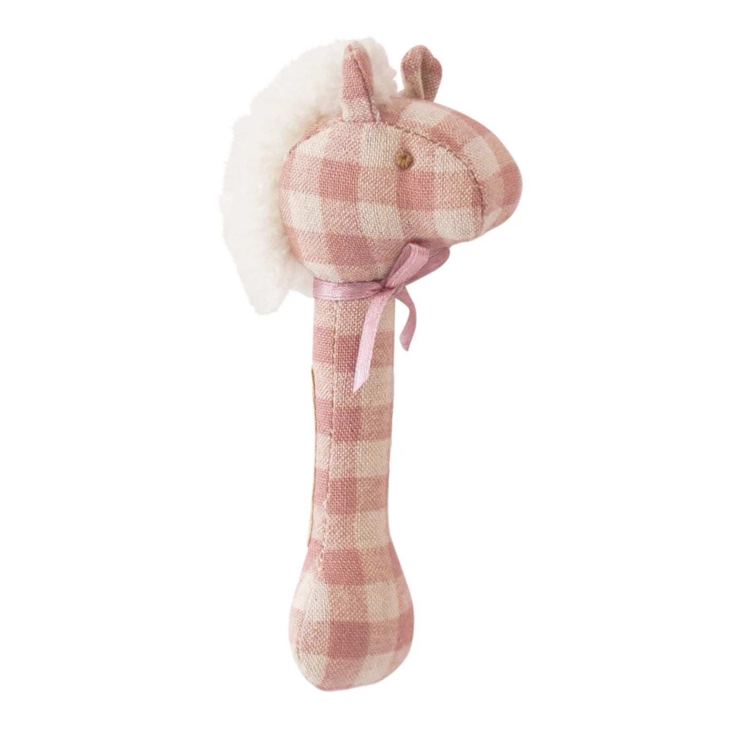 Pink checkered plush toy with a white bow on a white background