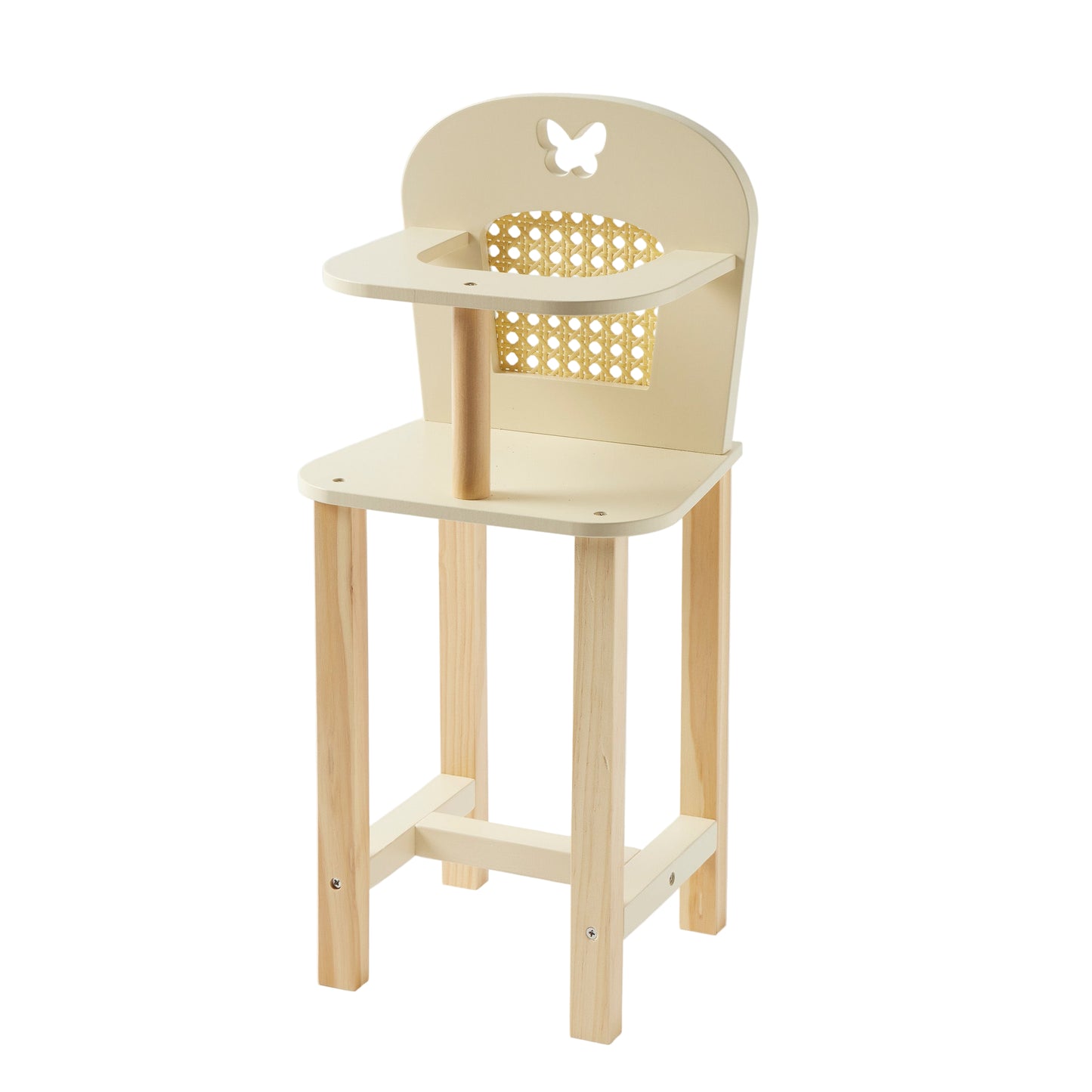 Wooden high chair with a butterfly design on a white background