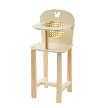 Wooden high chair with a butterfly design on a white background