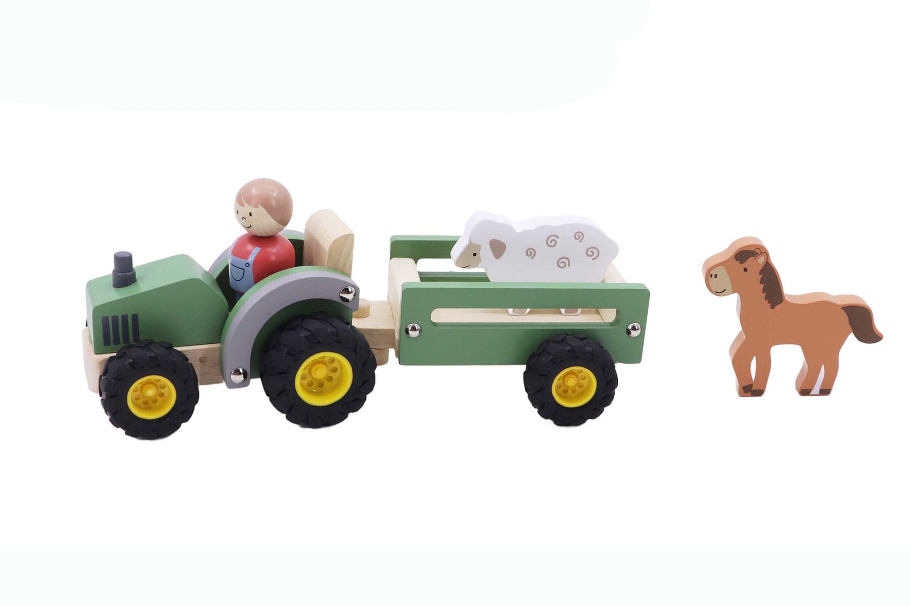 Wooden toy tractor with a trailer, sheep, and horse on a white background