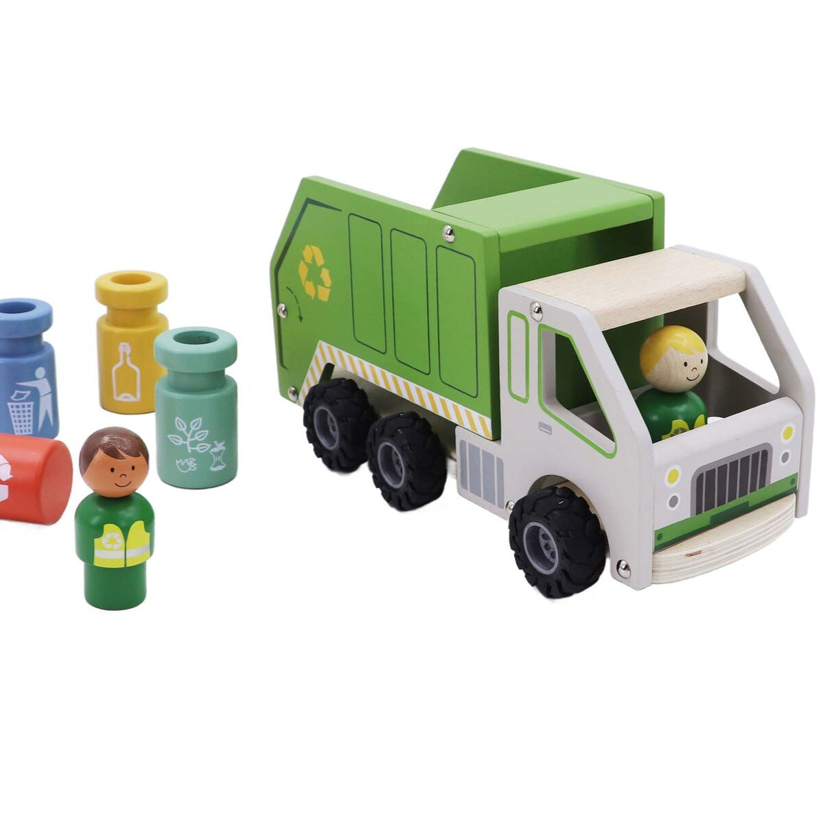 Toy garbage truck with figures and recycling bins on a white background