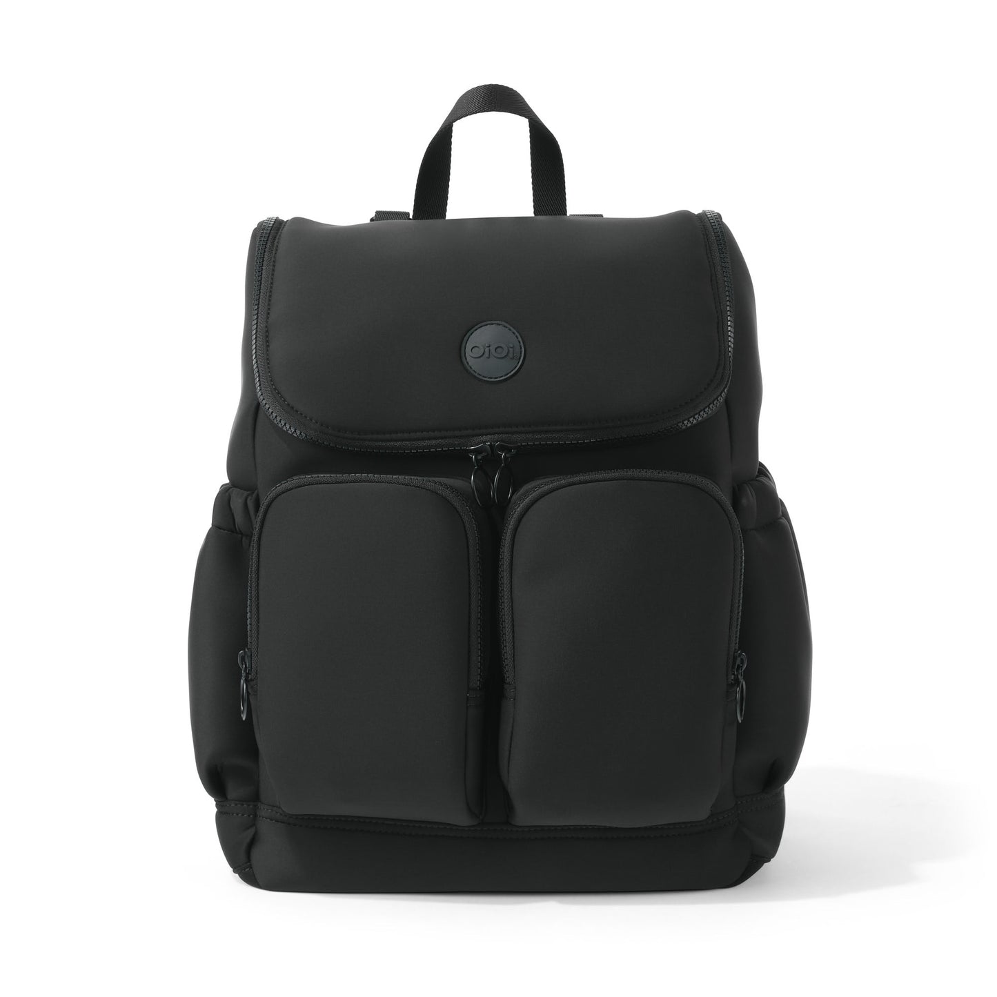 Black backpack with a visible brand logo on a white background