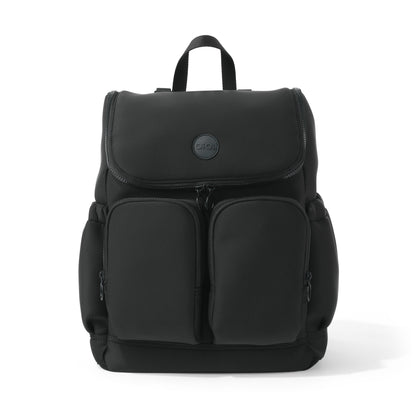 Black backpack with a visible brand logo on a white background