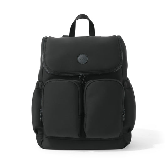 Black backpack with a visible brand logo on a white background