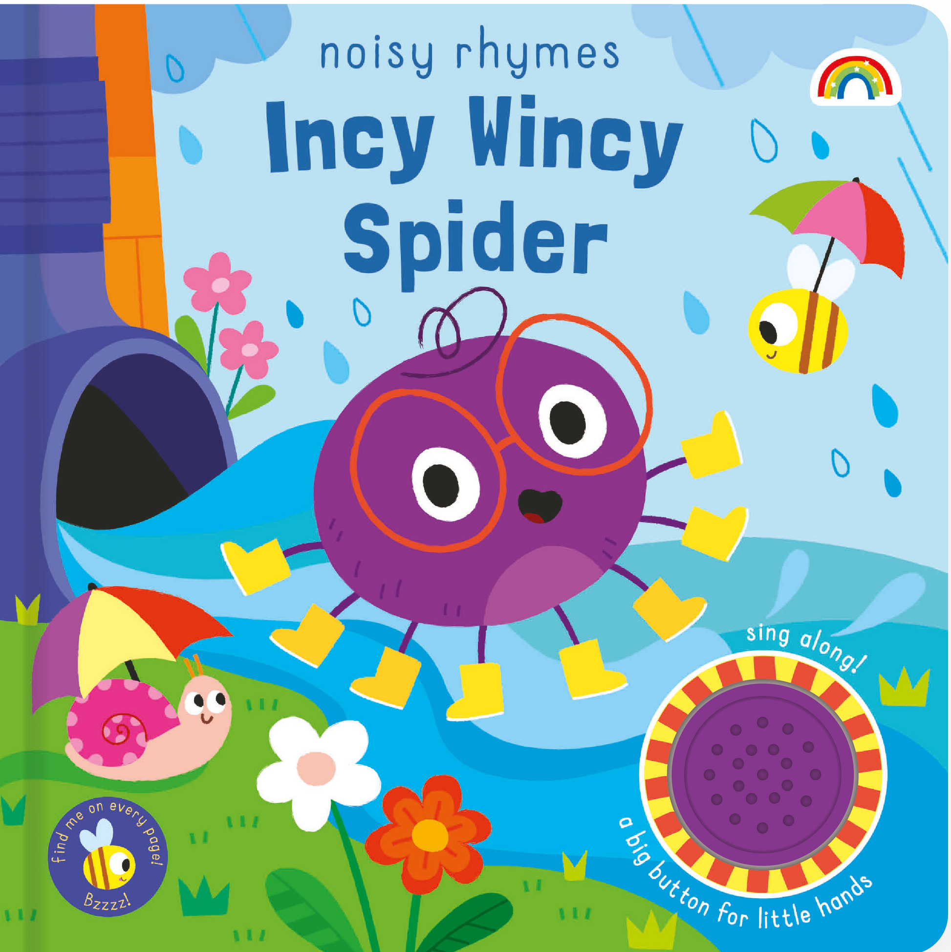 Children's book cover of 'Incy Wincy Spider' with a colorful spider illustration and outdoor scene.